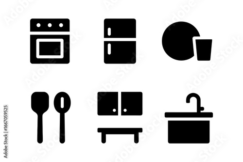 Silhouette kitchen icons: stove, fridge, and more essentials in simple black design