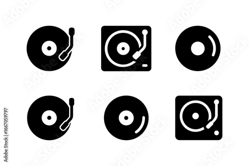 Set of retro vinyl record and turntable icons in black silhouette style