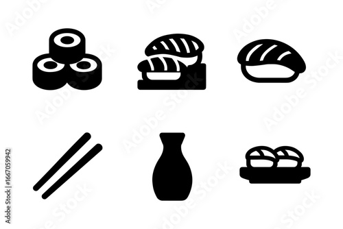 Minimalist sushi icon set featuring nigiri rolls and chopsticks