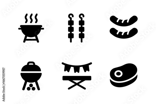 Barbecue icons set: grills, sausages, skewers, steak, picnic banner in black silhouette
