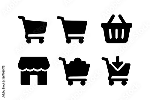Shopping cart and basket icons in silhouette style for retail design