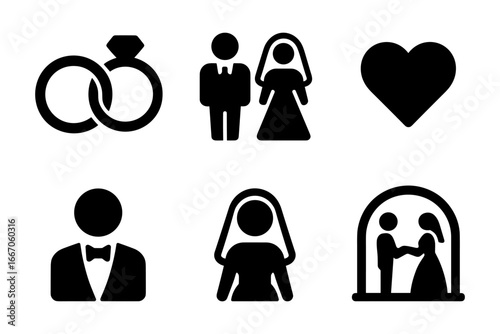 Wedding icons set featuring bride, groom, rings, and heart in silhouette style