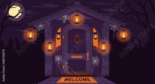 Dark house entrance with nine glowing orange lanterns cobwebs a WELCOME mat and moonlit bare trees