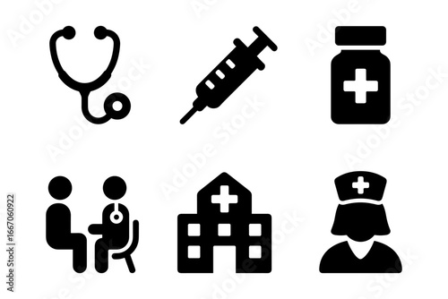 Medical icons set featuring stethoscope, syringe, medicine bottle, and healthcare personnel