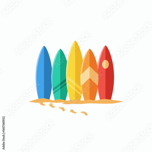 Five colorful surfboards blue green yellow orange red stand upright in a line on tan sand with footprints