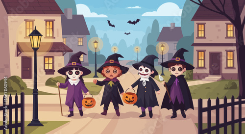 Four costumed children trickortreating on a street with houses and streetlights at dusk with bats flying