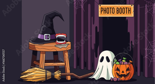 Halloween photo booth with witch hat fake teeth broom ghost and jackolantern candy bucket