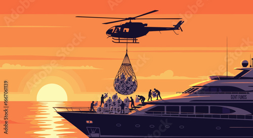Helicopter delivers money bags via net to a yacht labeled GOVT FUNDS where people transfer them at sunset