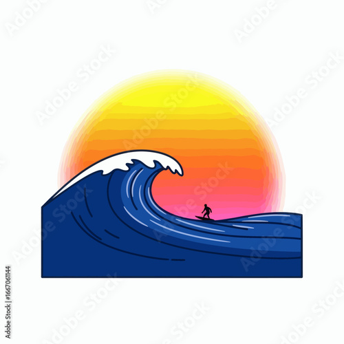 Illustration of a surfer on a large blue ocean wave silhouetted against a vibrant sunset sky