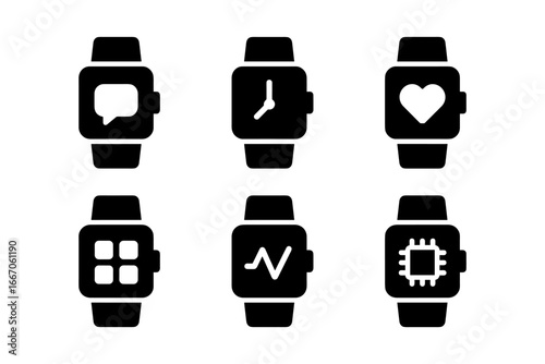 Minimalist smartwatch icons set: communication, time, health, apps, fitness, technology