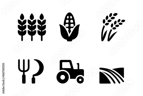Agricultural icons set with tractors, crops, and tools in silhouette style