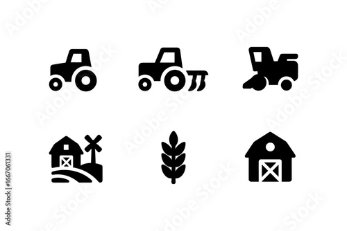 Minimalist farm icons: tractor, harvest, barn, wheat, windmill collection