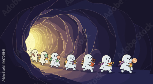 Line of cute cartoon ghosts carrying various candies walk through a winding dark cave to bright light
