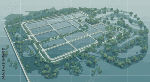 Isometric illustration of a vast fish farm featuring multiple rectangular water ponds surrounding land and green trees