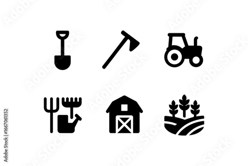 Agriculture icons set: farming tools, tractor, barn, crops in minimalist style