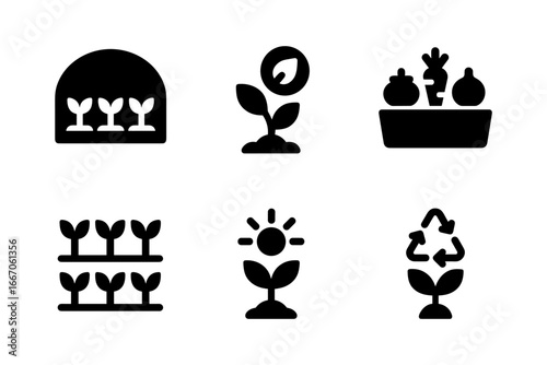 Black silhouette icons of gardening and sustainability elements