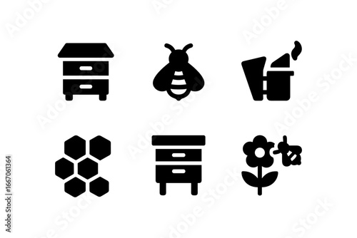 Set of minimalist beekeeping icons with hive and honey bee elements