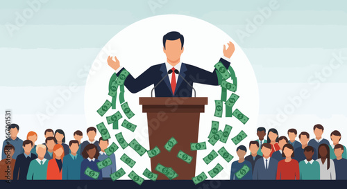 Man in a suit at a podium green dollar bills falling from his hands and around him addressing a diverse crowd