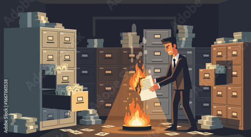 Man in suit burning documents over a floor fire amidst numerous filing cabinets many drawers open revealing money