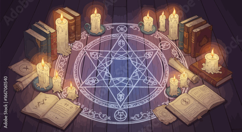 Magical circle drawn on wooden floor surrounded by glowing candles ancient books and rolled scrolls