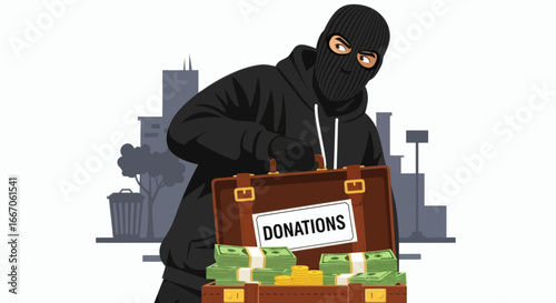 Masked person in black hoodie opening a briefcase labeled DONATIONS filled with cash and coins against a city skyline