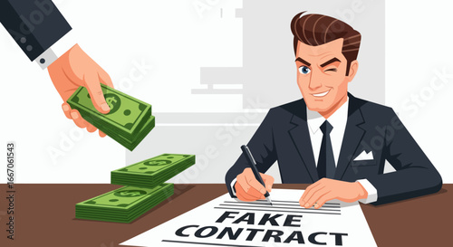 Man in suit winking signing Fake Contract as hand delivers cash and stacks of money sit on table