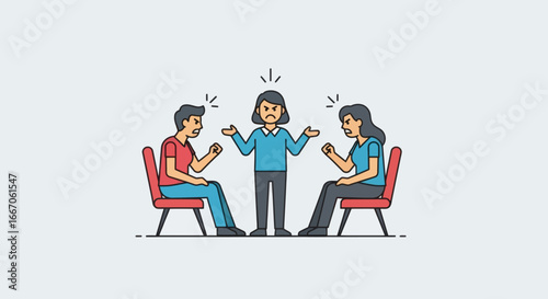 Minimalist illustration of three angry people two seated in red chairs arguing with a third standing in the middle mediating
