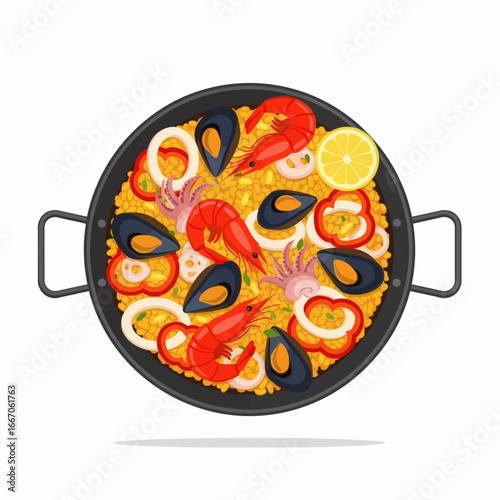 Overhead view of a seafood paella in a black paella pan garnished with prawns mussels squid peppers and lemon