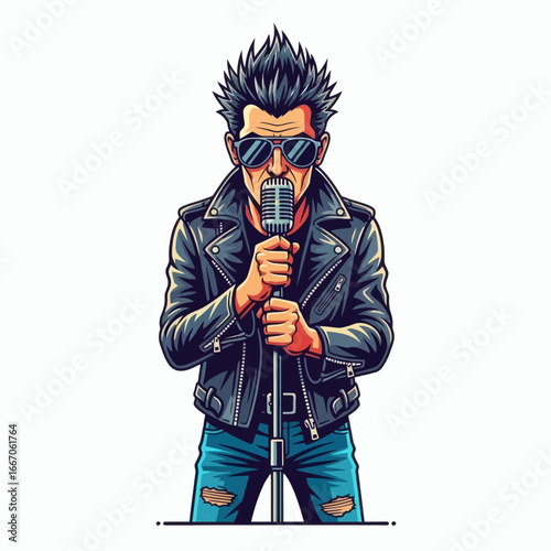 Pixel art illustration of a male rocker with spiked hair sunglasses leather jacket and ripped jeans singing into a vintage microphone