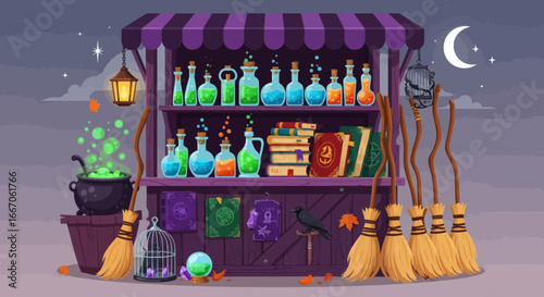 Nighttime outdoor witchs shop stall with potions books brooms cauldron and a crow under a crescent moon