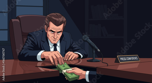 Pixel art of a serious man in a suit secretly receiving a stack of cash from an unseen hand under a desk