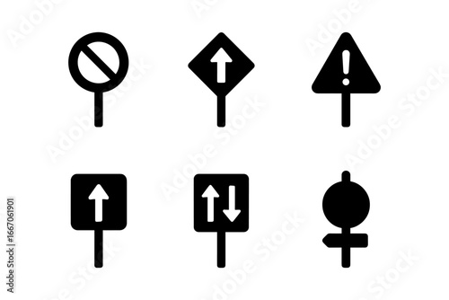 Simple traffic sign icons set in black silhouette style