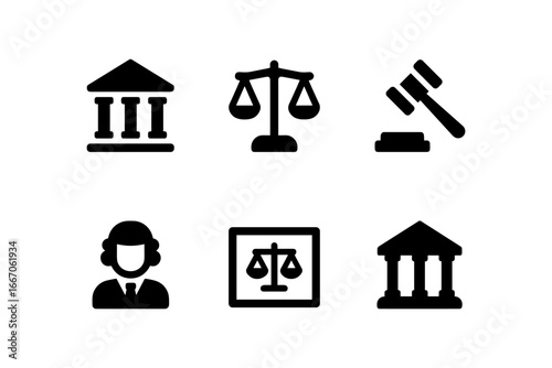 Courtroom icons: justice symbols set featuring scales, gavel, and lawyer silhouettes