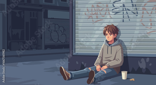Sad young boy sitting on sidewalk with cup and coins next to a closed graffiticovered storefront at dusk