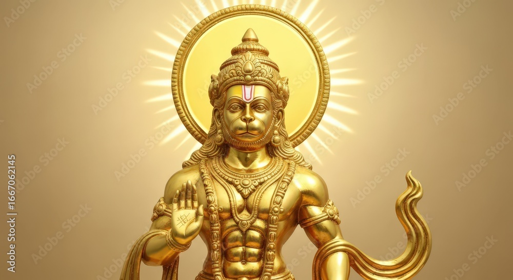 Fototapeta premium Golden religious figure with sun halo, intricate details, against neutral tan backdrop