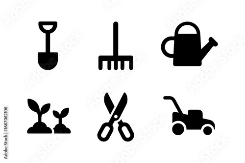 Silhouette gardening tools and plants icons for outdoor and horticulture design