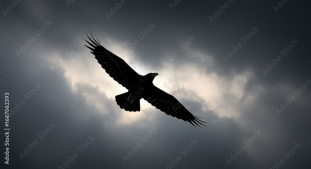 Fototapeta premium A large black bird, a raven or crow, is silhouetted against a dramatic and moody overcast sky with its wings spread wide in flight.