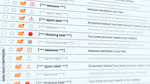 Scrolling mail list with detected virus, spam and phishing emails isolated on white background
