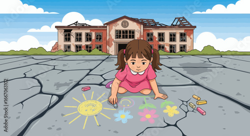 Young girl draws colorful chalk art on cracked pavement in front of a ruined school building under a blue sky