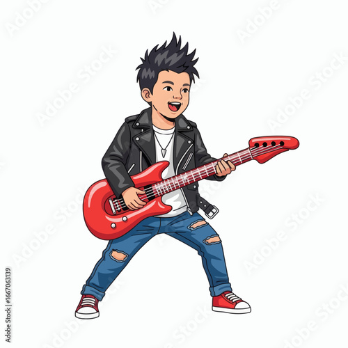 A cartoon boy with spiky hair leather jacket ripped jeans playing a red electric bass guitar with a joyful expression