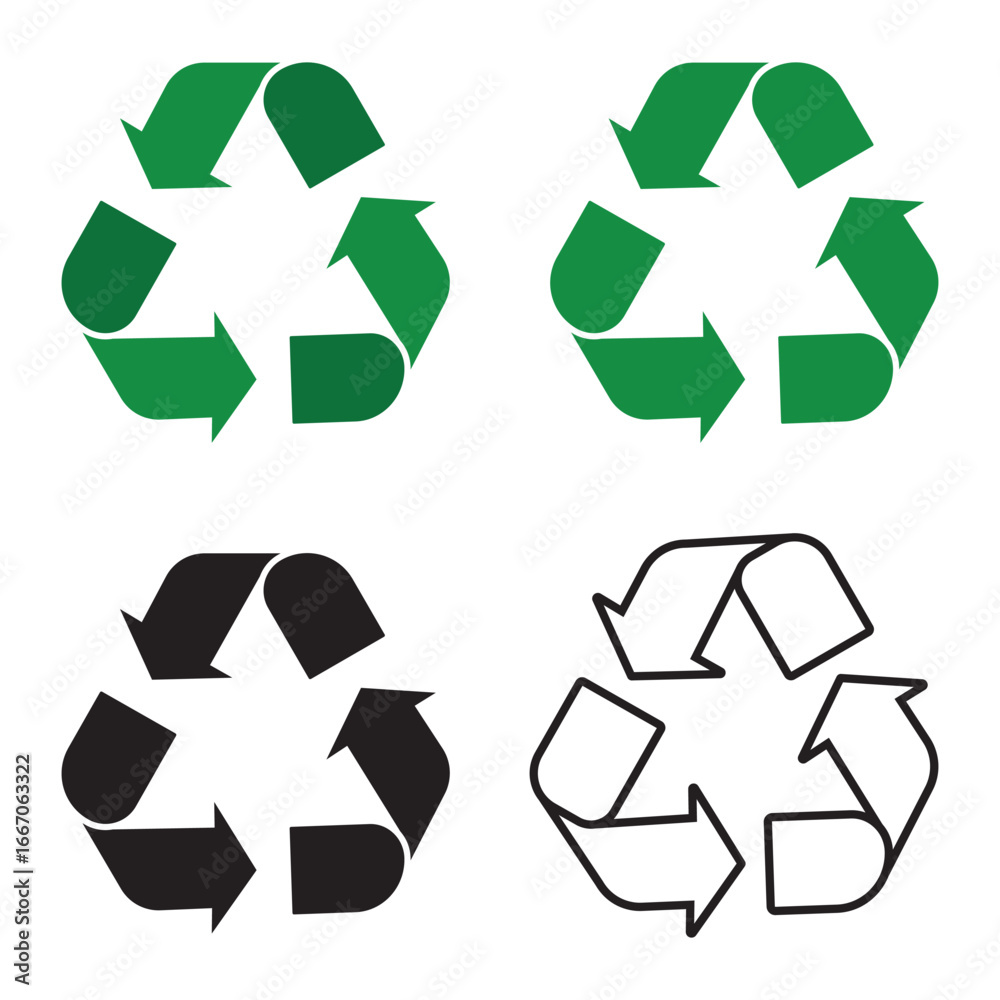 Fototapeta premium Recycle symbol icon vector set. Outline and vector set of Recycle icon. Black, Green Recycle icon vector illustration.