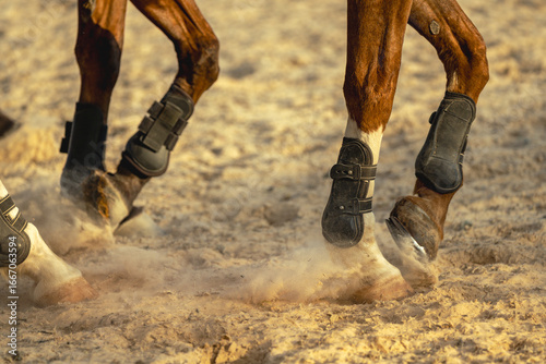 Foto Close-up of a horse's legs galloping on sand, generating dust, wearing protective boots at sunset