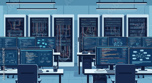 A server room with multiple monitors displaying code and network diagrams flanked by server racks full of cables