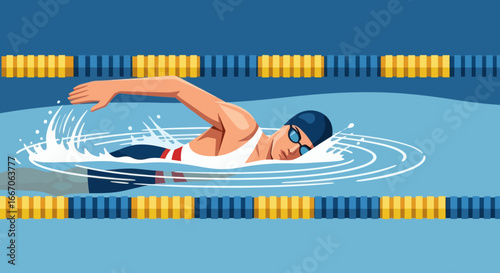 A swimmer in a cap and goggles performs the crawl stroke in a blue swimming pool with lane markers