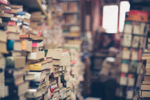 Cozy bookstore shelves overflowing with diverse books create a warm, inviting atmosphere for readers