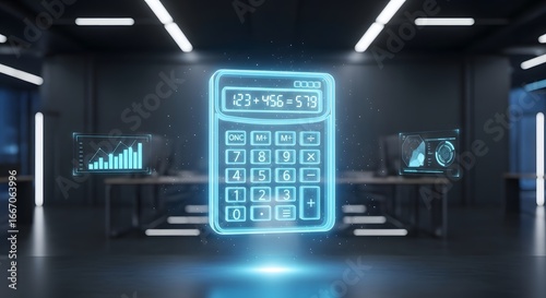 Futuristic calculator hologram in a modern office with data charts