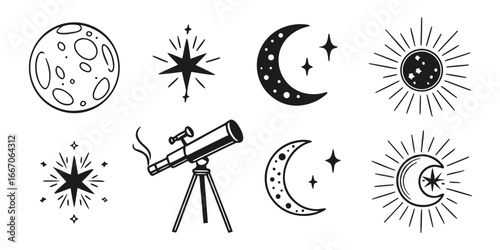 Celestial Icons: Moon, Stars, Sun, and Telescope