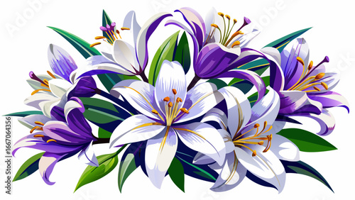 Cluster of lilies with white petals and purple centers radiates graceful beauty, semi-realistic vector expression capturing floral delicacy, timeless abstraction merging color and symmetry in elegant 