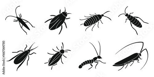 Collection of Black Cockroach Silhouettes on White Background