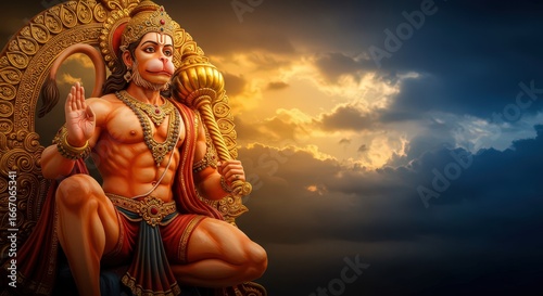 Hanuman Vivid depiction of the Hindu deity Hanuman against a dramatic sky background
